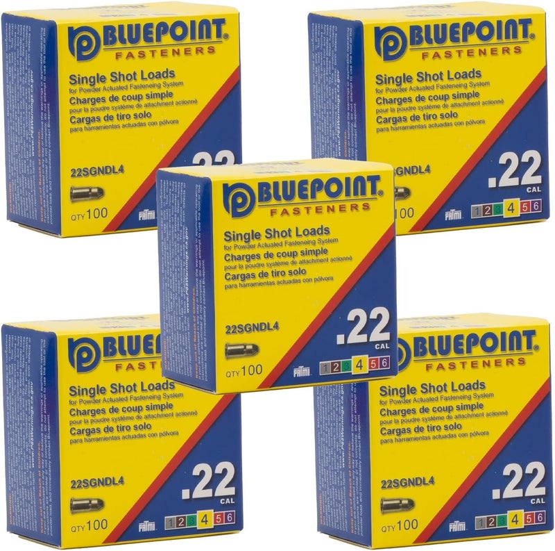 Bluepoint .22 Cal YELLOW Neck Down Single Shot Powder Load for Powder Actuated Fastening System, (500 - Count). Item# 22SGNDL4 5-PACK SAVE $10 - Image 1